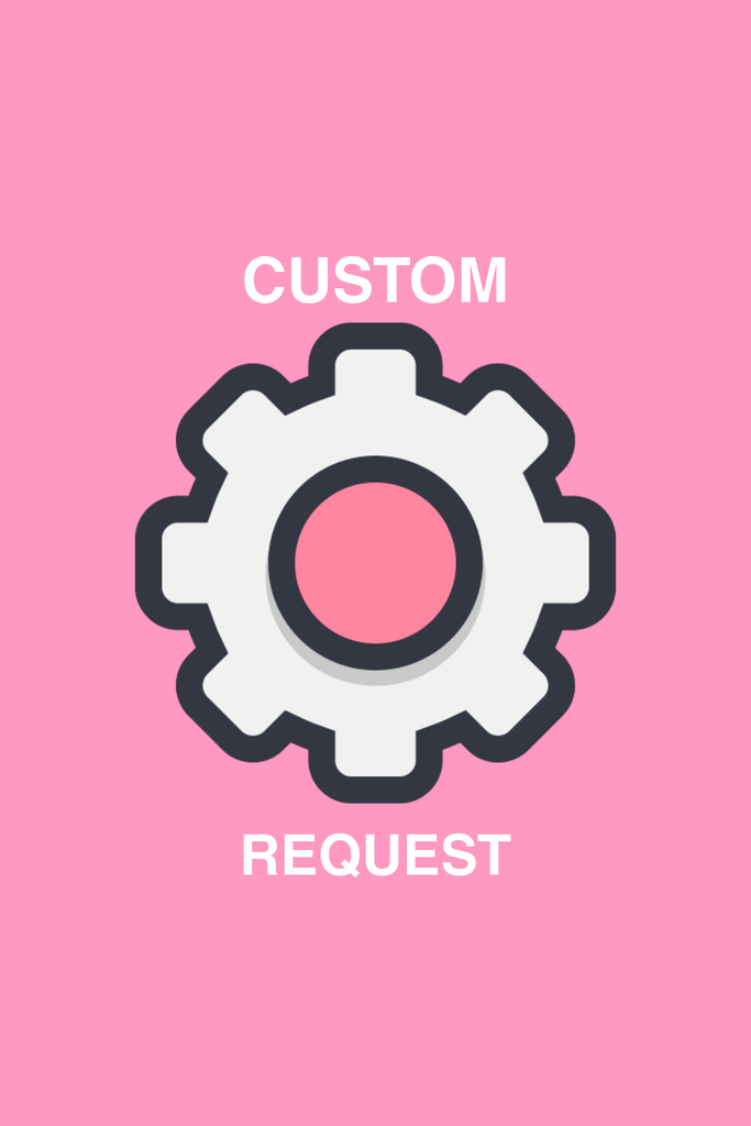 a pink background with an illustration of a cog wheel on the front and 'custom request' written in white letters. 