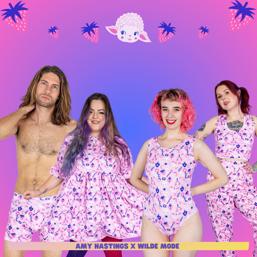 Picture shows 4 models smiling on a pink and purple background, they are wearing the new design with cute lambs, cake slices, valentines style print in pale pink, white and purple