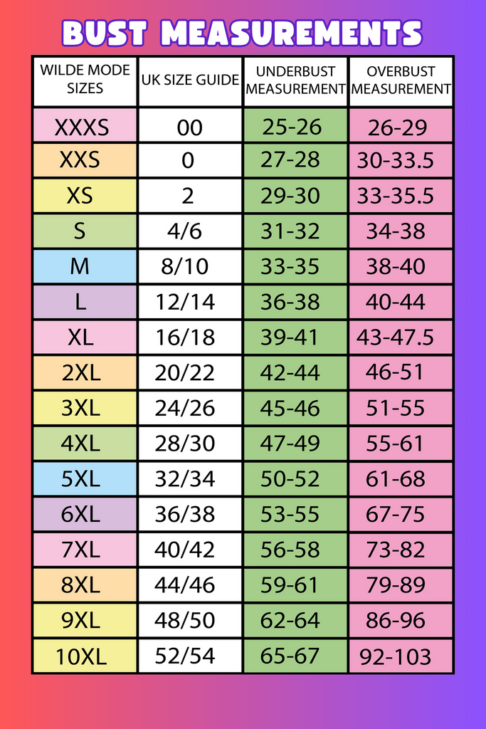 a guide on bust measurements with Wilde Mode size chart, UK size guide, underbust measurement and overbust measurement 