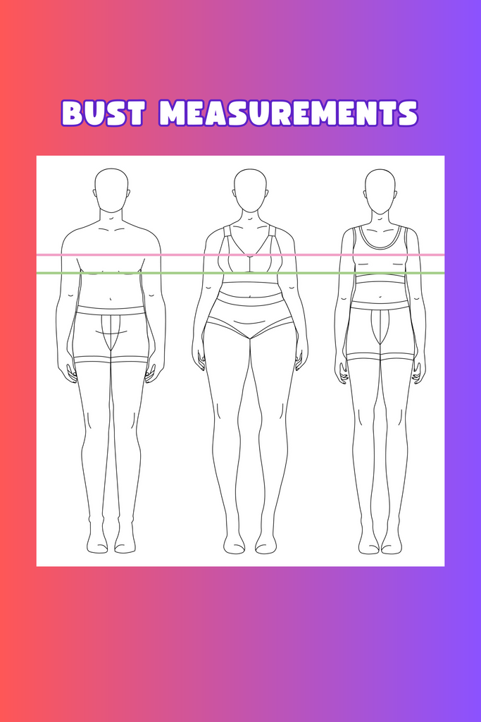 an illustration of three bodies with lines across to show where to measure bust