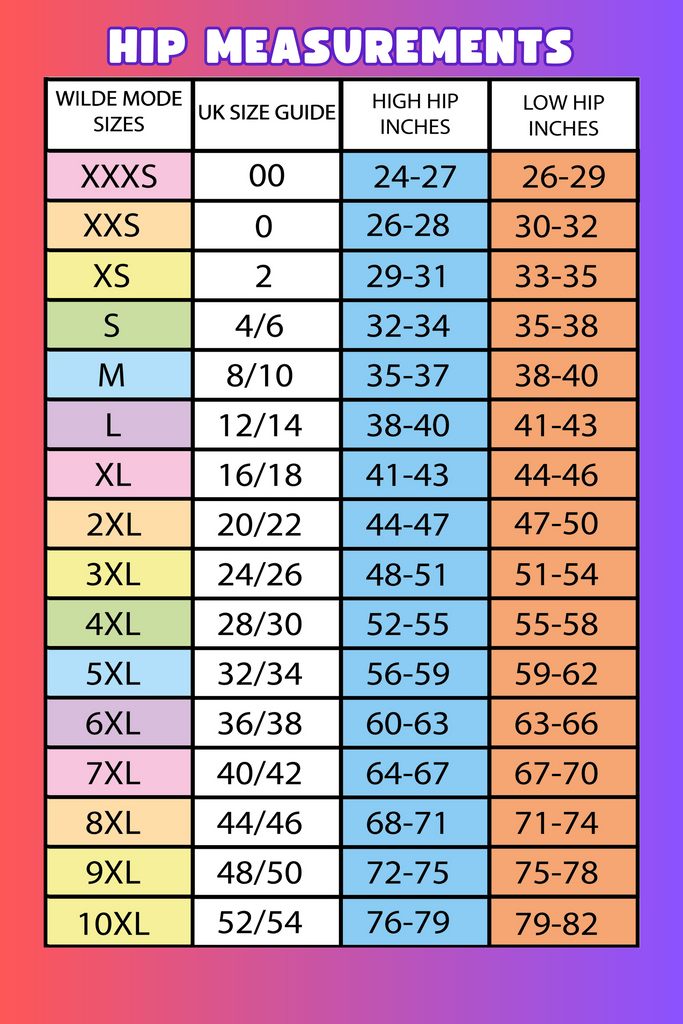 guide on hip measurements with Wilde Mode sizes, UK size guide, high hip inches and low hip inches