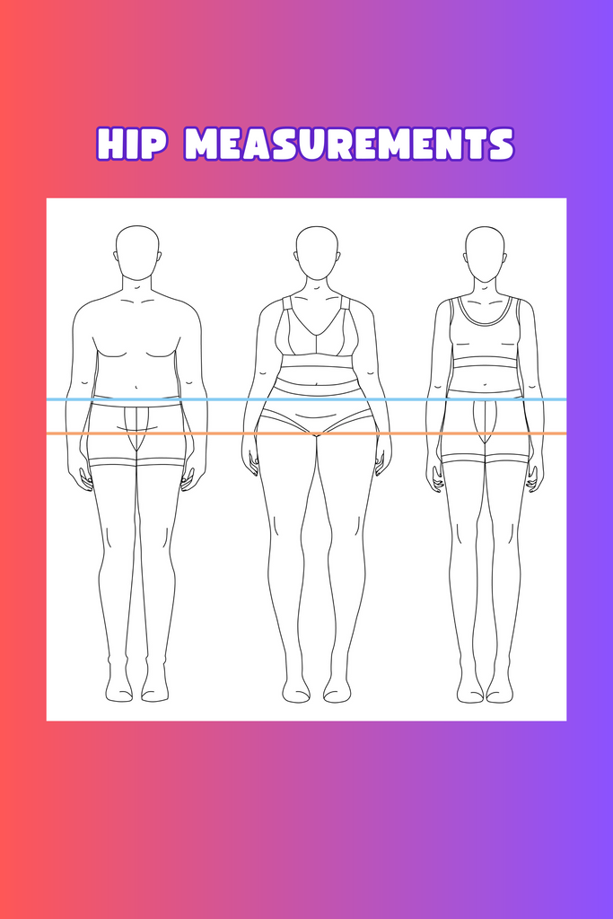 an illustration of three bodies with lines across to show where to measure hips