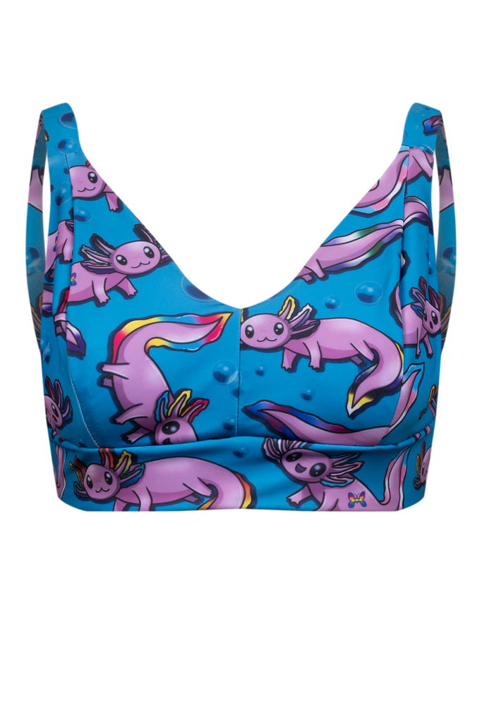 Colourful queer axolotl swimwear – wireless handmade bikini bra