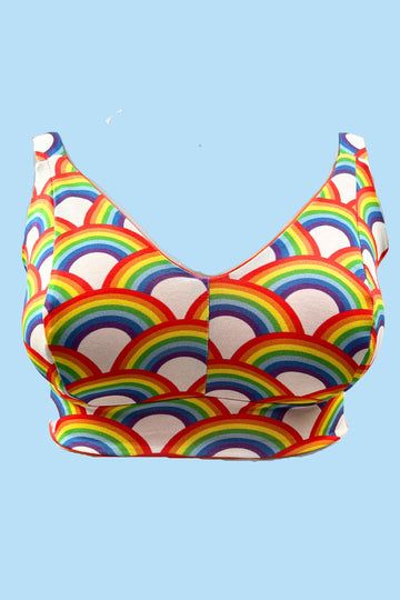 Colourful rainbow print organic cotton bra – handmade in Scotland