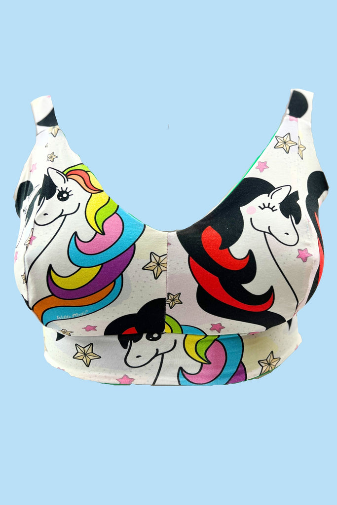 Fantasy unicorn print bra – rainbow and red/black unicorns, gender inclusive