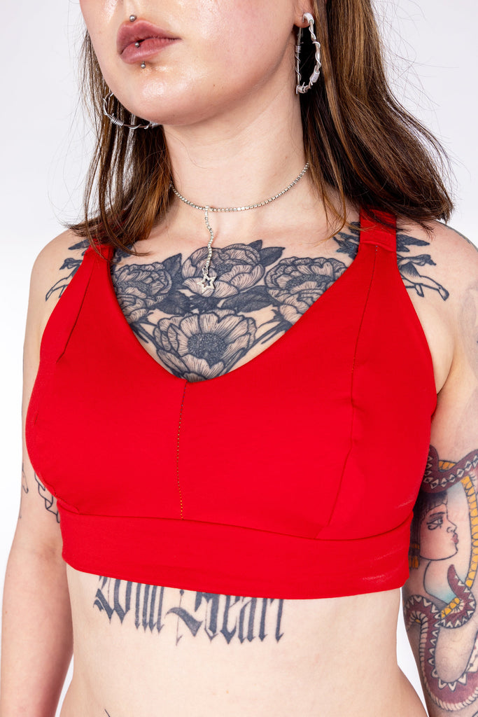 Handmade red bra – gender inclusive, sensory-friendly, wireless lingerie