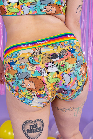 Katie Abey x Wilde Mode comfort briefs with positive, weird characters