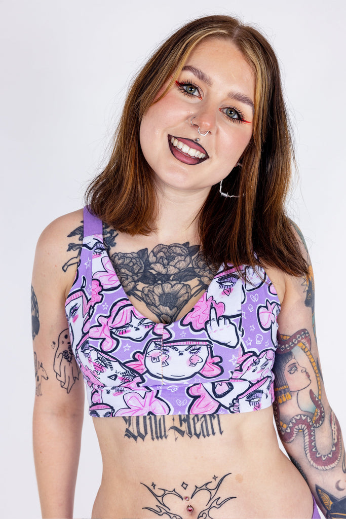 Pastel purple feminist print bra – wireless, gender inclusive, organic cotton