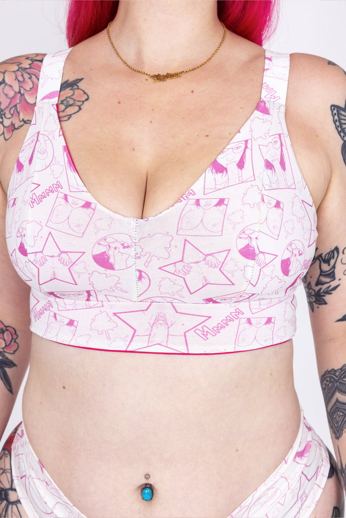 Pink-on-white sex-positive comfort bra – handmade in Scotland