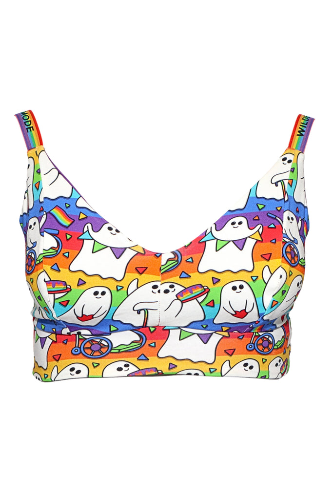 Queer comfort bra with rainbow ghosts – handmade in Scotland, sensory-friendly