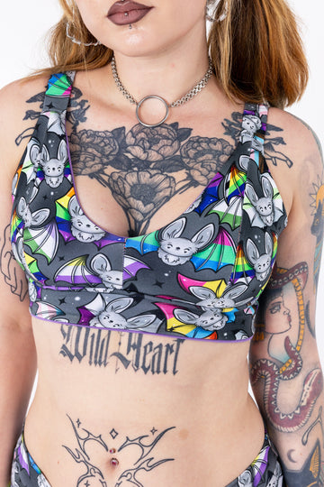 Rainbow bat print gender inclusive bra – sensory friendly, handmade in Scotland