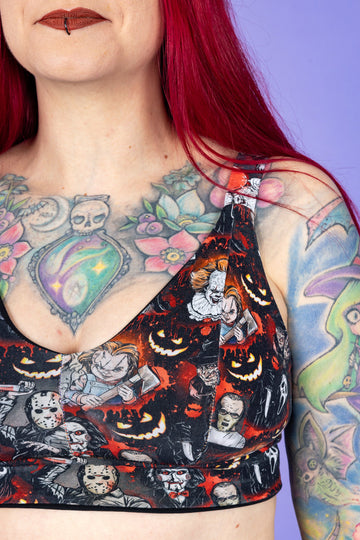 Slasher film print bra – handmade wireless comfort, gender inclusive