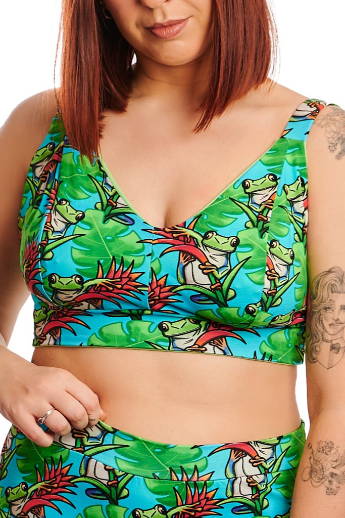 Vibrant frog print organic cotton bra – handmade gender inclusive lingerie
