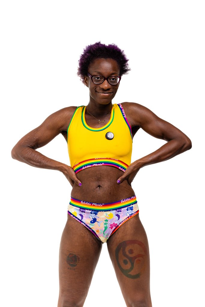 Wilde Mode organic cotton briefs with pastel merfolk pattern for Pride 2025 – artwork by Laura Gould

