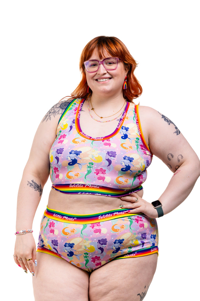 Wilde Mode organic cotton briefs with pastel merfolk pattern for Pride 2025 – artwork by Laura Gould

