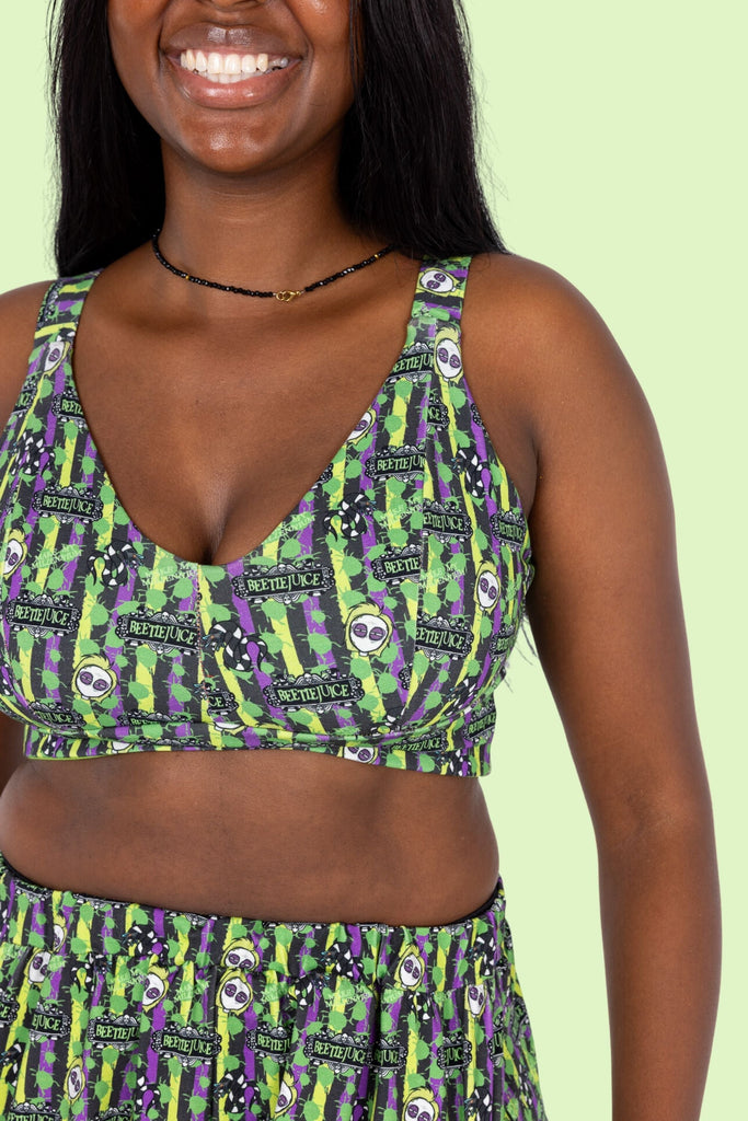 Wilde Mode x Haylee Draws wireless bra – spooky stripe print, handmade in Scotland