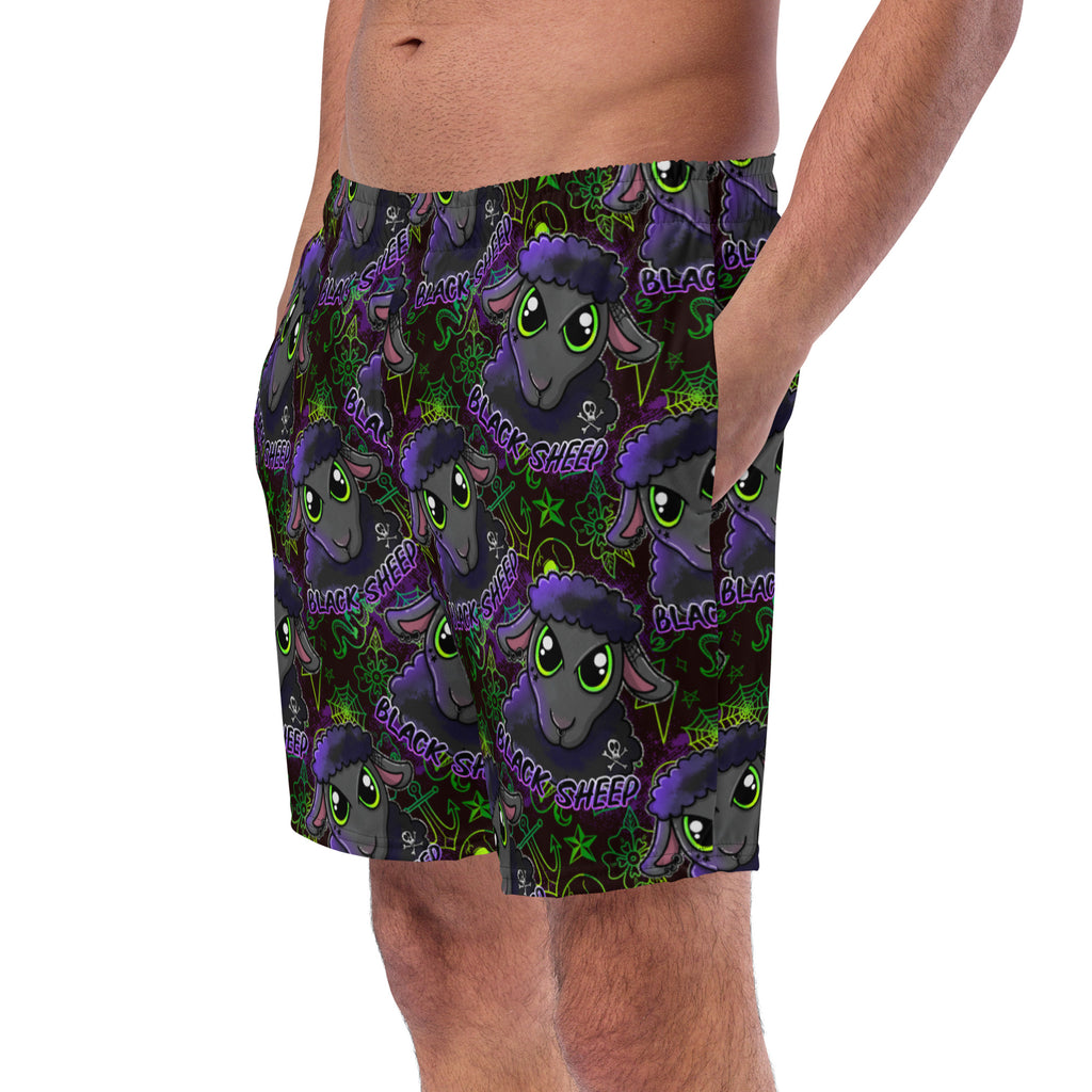 Black recycled swim trunks featuring Wilde Mode’s black sheep print, designed with a gender inclusive fit and sustainable materials.