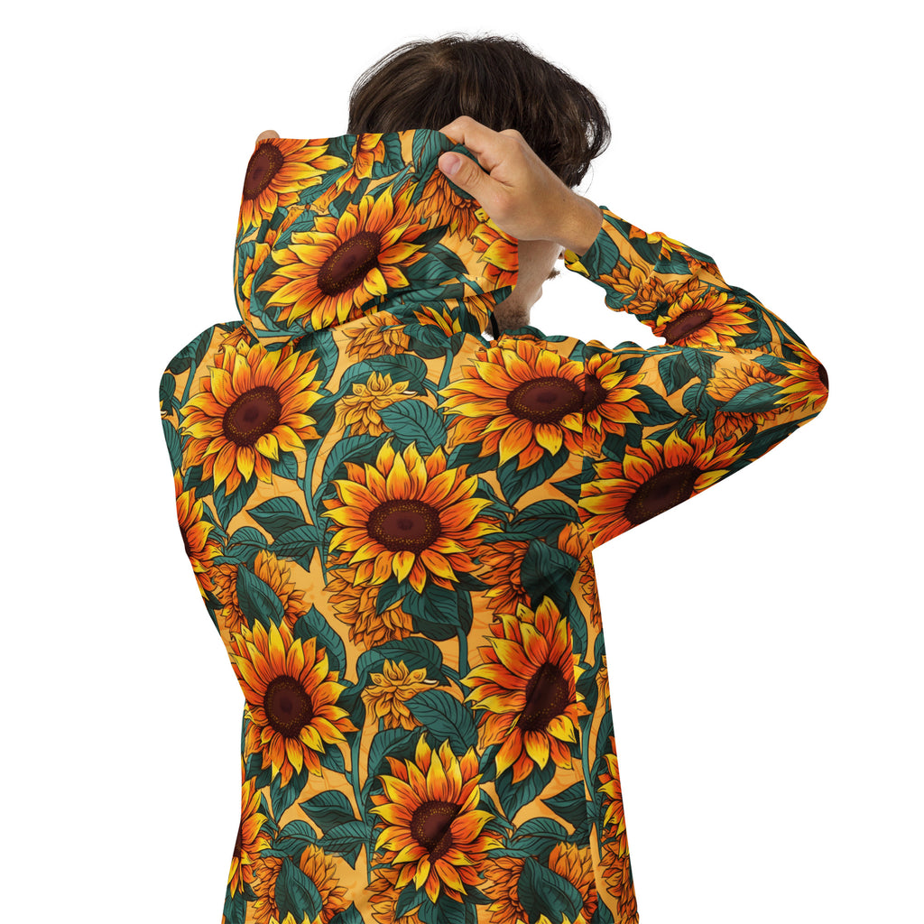 Model wearing sunflower print zip hoodie with double-lined hood