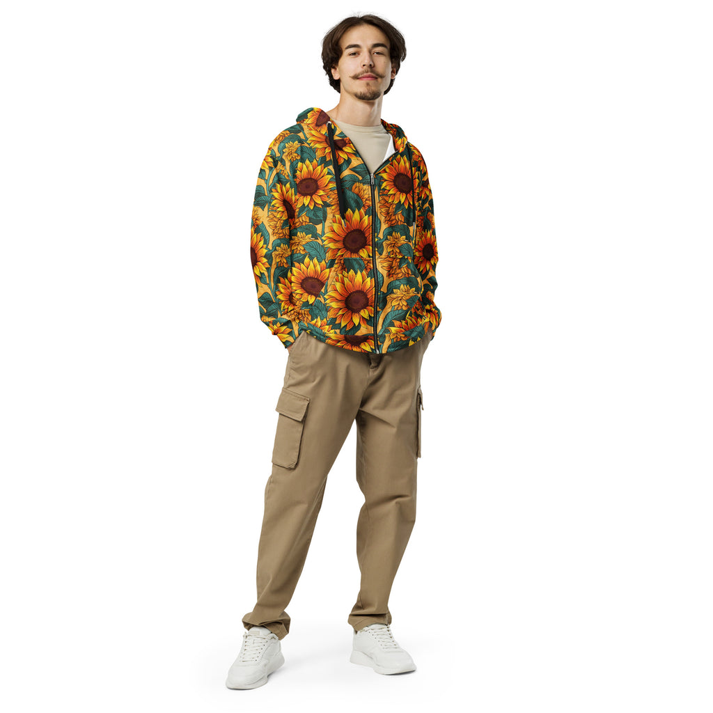 Model wearing sunflower print zip hoodie with double-lined hood