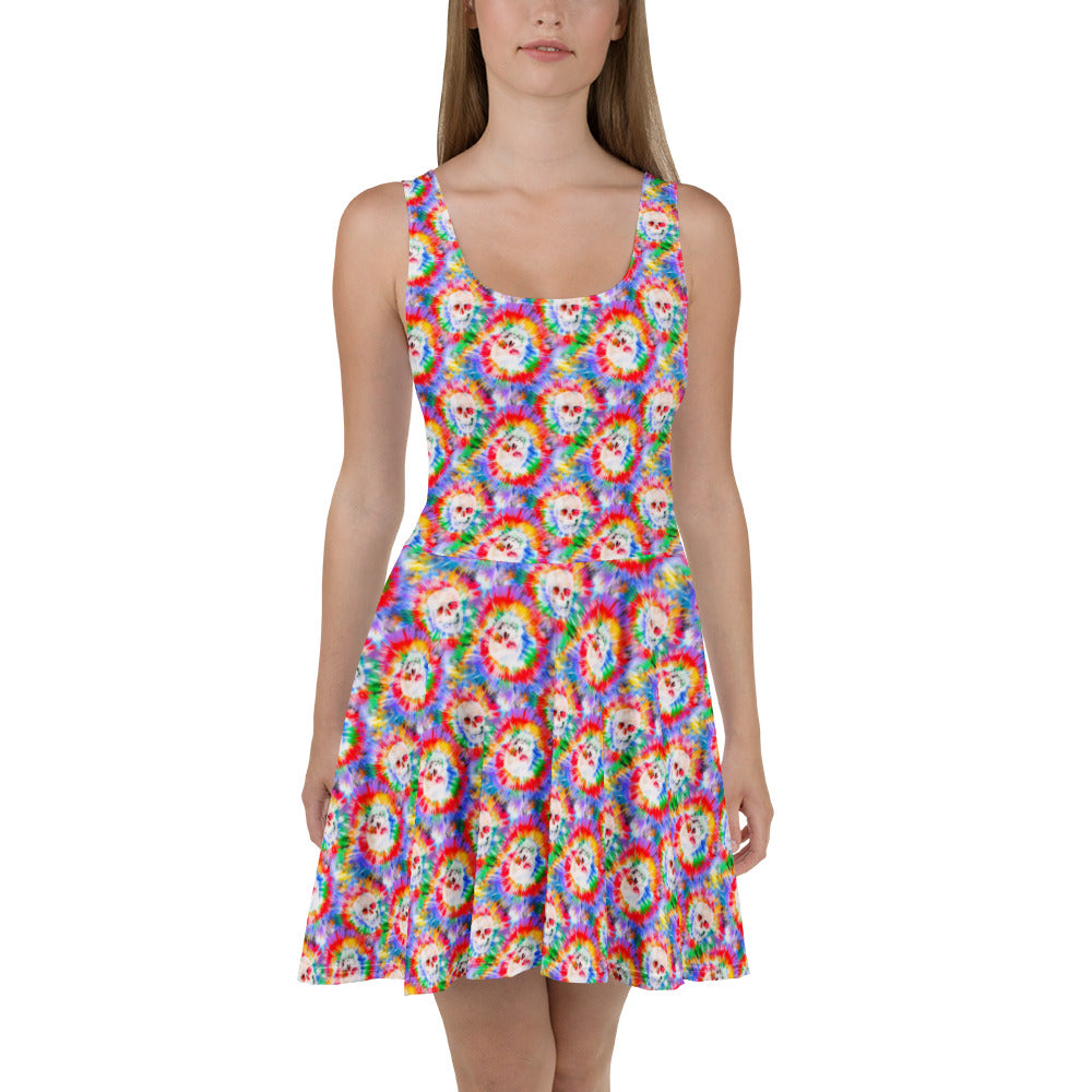 Skater dress with rainbow tie-dye skulls – sleeveless, eco-friendly, and gender inclusive

