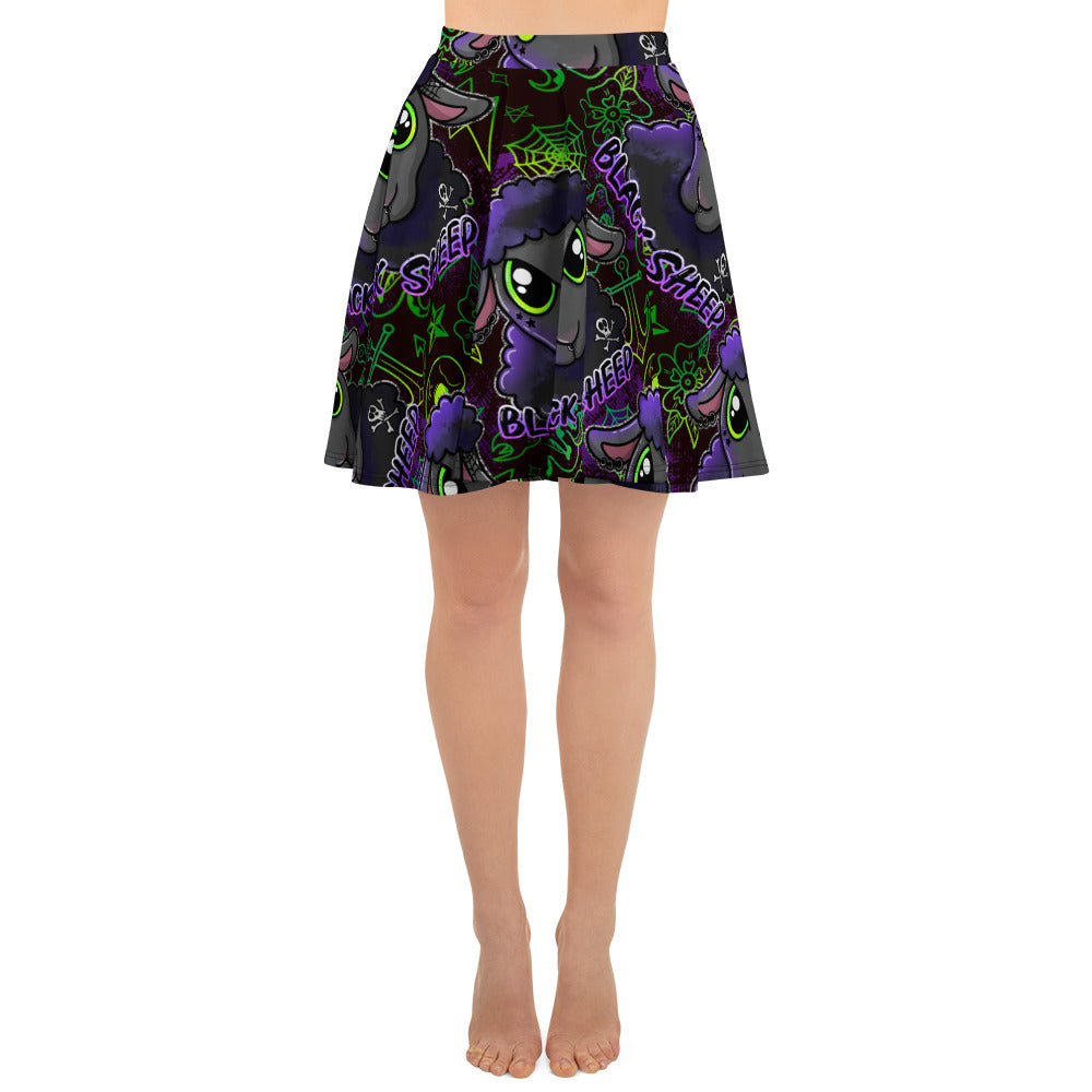 Black sheep print skater skirt with stretchy waistband – gender inclusive and made from recycled polyester

