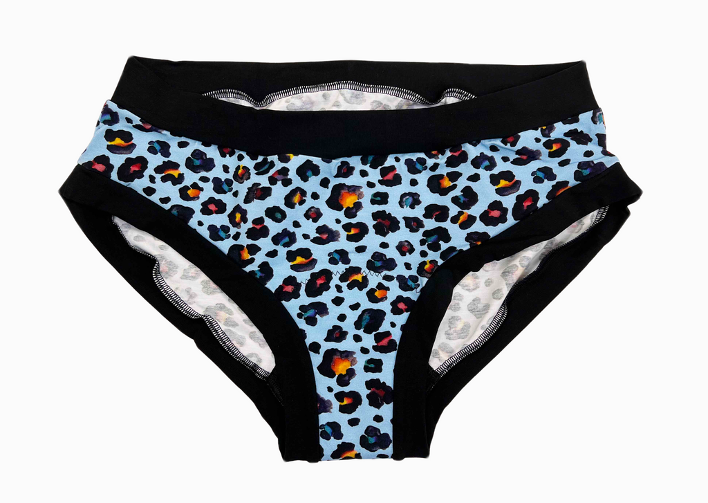 Period pants with blue leopard print